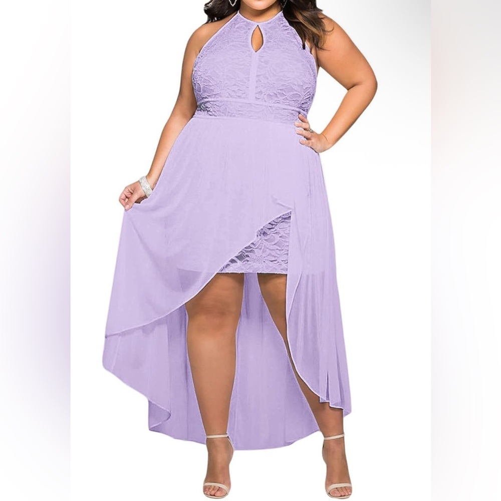 Plus Size Hi Low Lace Overlay Halter Cocktail Casual Beach Wedding Maxi Dress